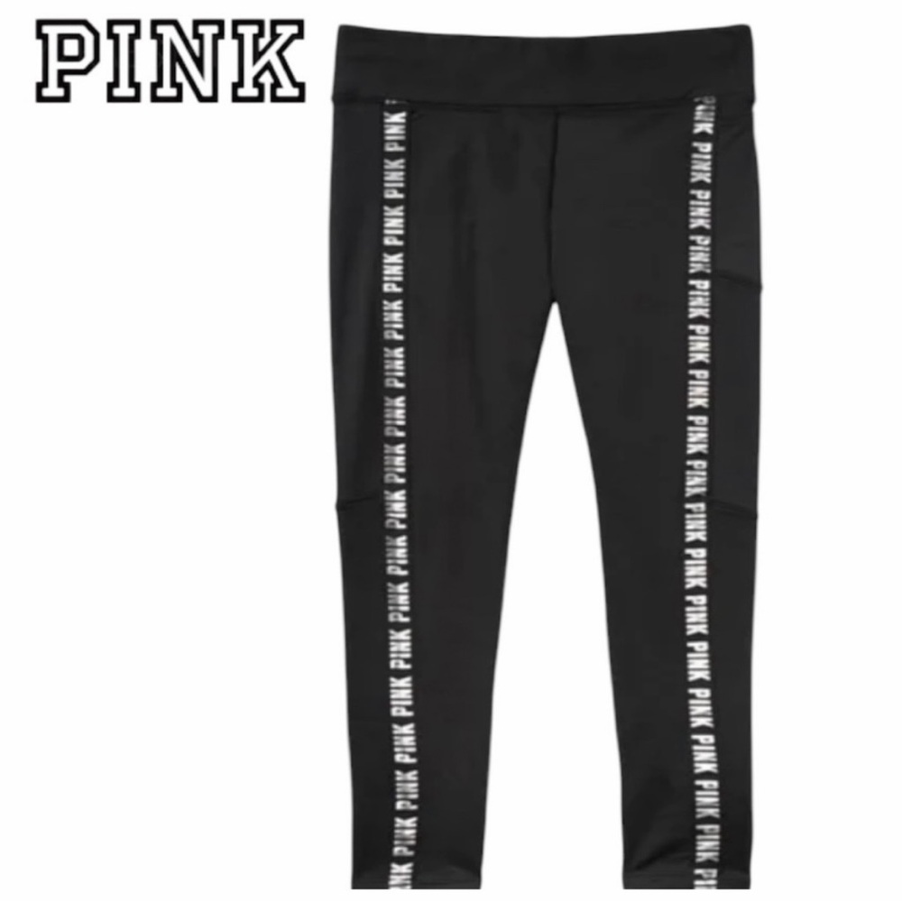PINK Victoria's Secret Kids Black Leggings with Logo Stripes